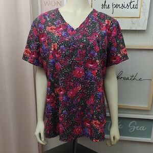 Beyond Scrubs Floral V-Neck Short Sleeve Scrub Top